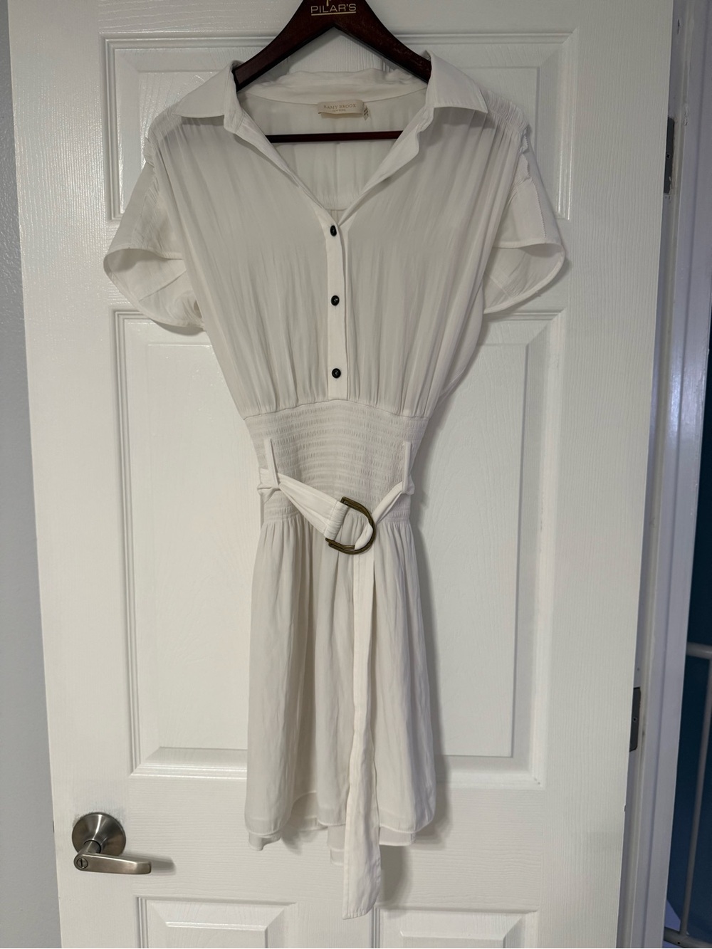 Ramy Brook White Short-Sleeve Collared Belted Mini Dress